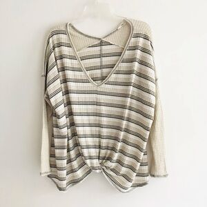 Hummingbird | Striped Knot Top Womens Size S Beige Loose Fit Pullover Scoop Neck